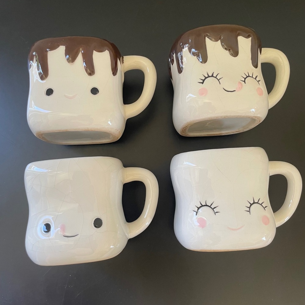 Set of 4 Marshmallow Mini Mugs Kawaii Cute Faces Hot Chocolate Kids Children Fun